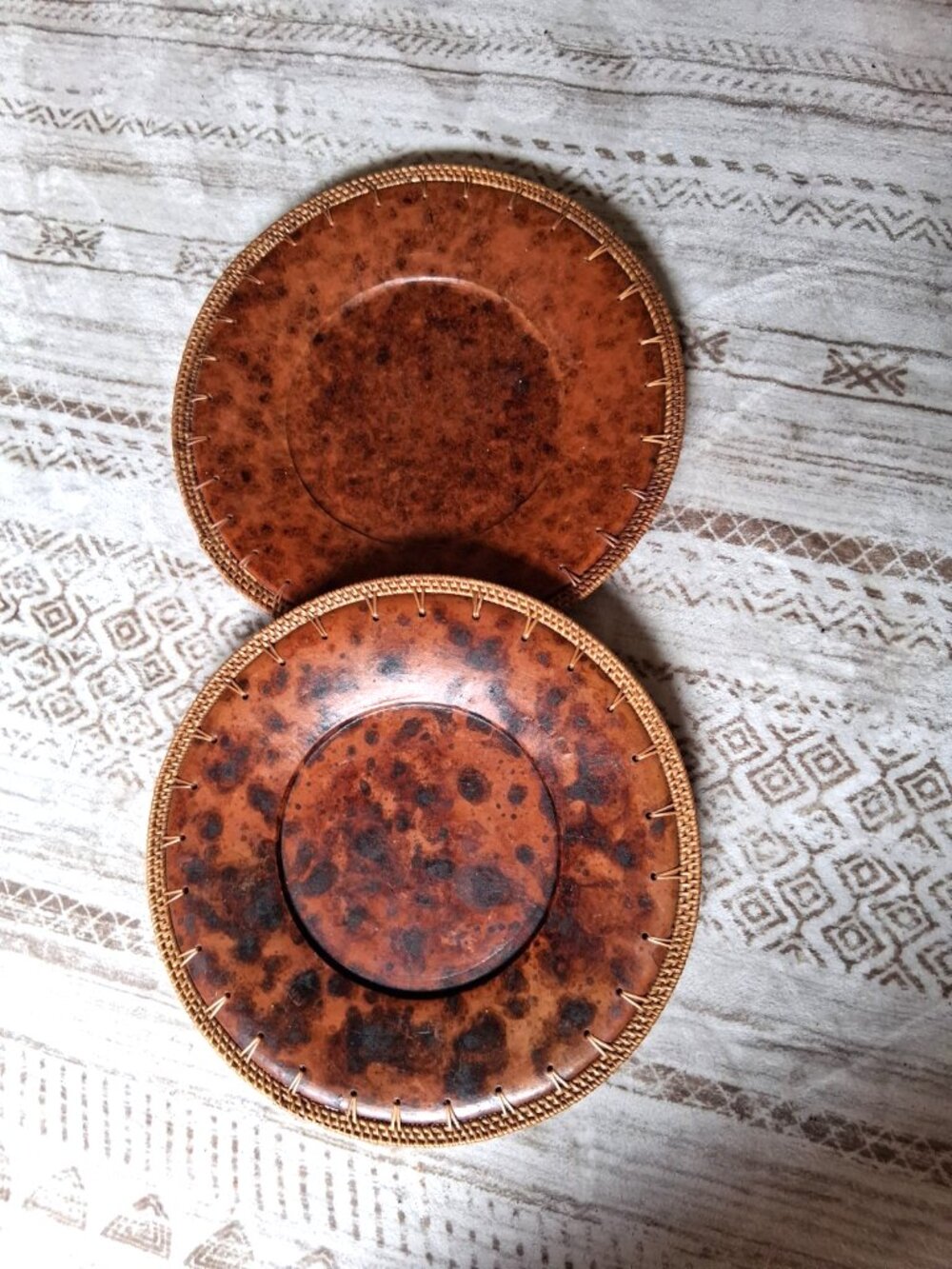 2  Pier 1 Imports 14” Brown Tortoise Rattan Wrapped Edge Charger Plates